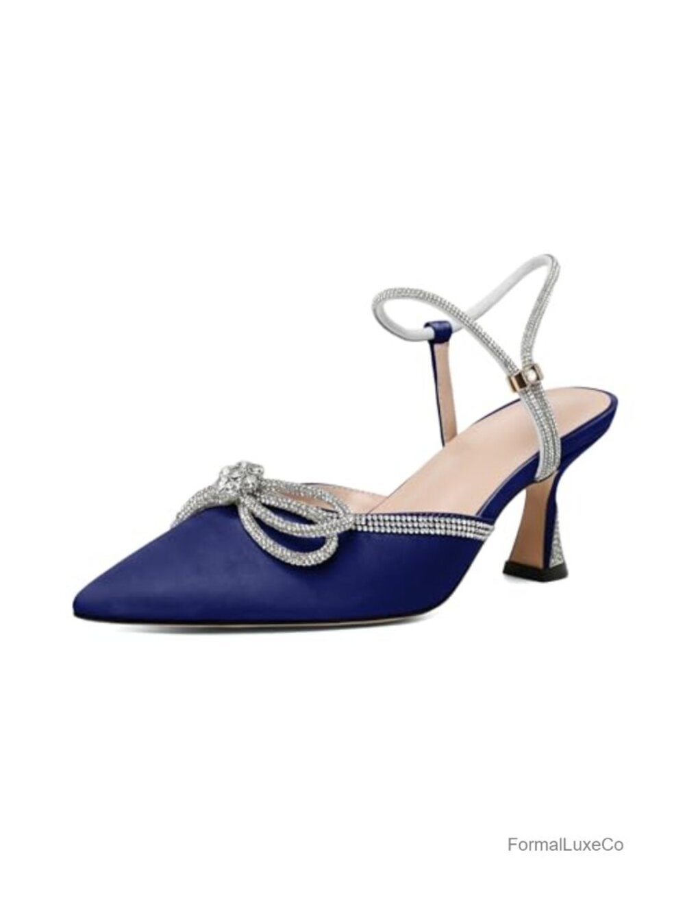 Rhinestone Bow Heels Pointed Toe Low Heel Adjustable Ankle Strap Wedding Pumps